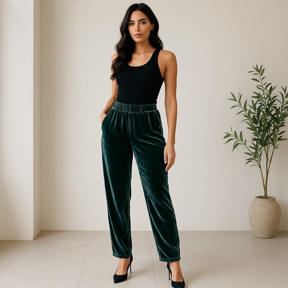 Eileen Fisher Velvet Pants XS Emerald Green Pull-On High Rise Trousers Luxe Soft